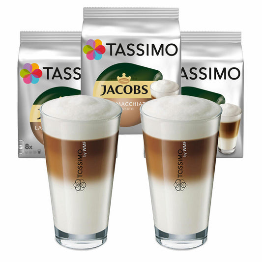 Tassimo Jacobs Latte Macchiato Classico gift set with glass, 5 pcs., coffee, latte, capsules, T-Discs