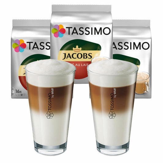 Tassimo Jacobs Café au Lait gift set with glass, 5 pcs., coffee, coffee capsule, milk coffee made from ground roasted coffee, T-Discs / portions