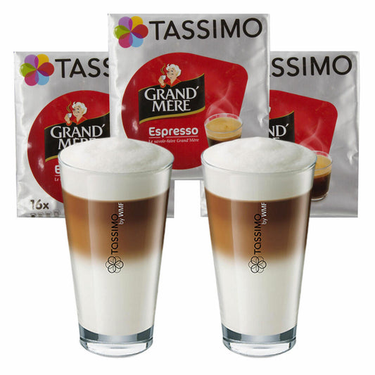 Tassimo Grand Mère Espresso Geschenkset mit Glas, 5-tlg, Kaffee, Kaffeekapsel, Gemahlener Röstkaffee