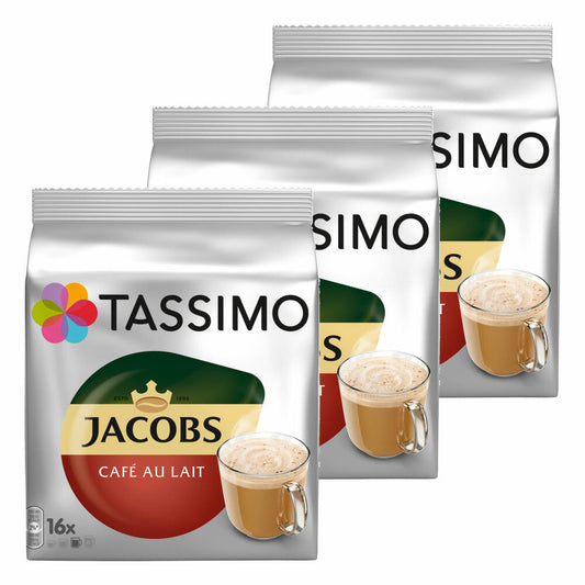 Tassimo Jacobs Café au Lait 3-pack, coffee, coffee capsule, milk coffee made from ground roasted coffee, 48 T-Discs / portions