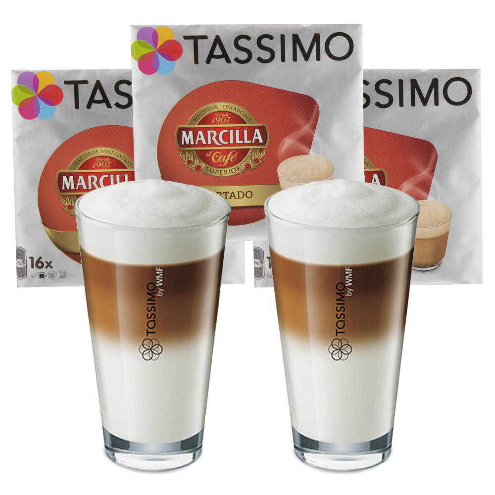 Tassimo Marcilla Cortado gift set with glass, 5 pcs., coffee, coffee capsule, bean coffee, milk coffee, T-Discs