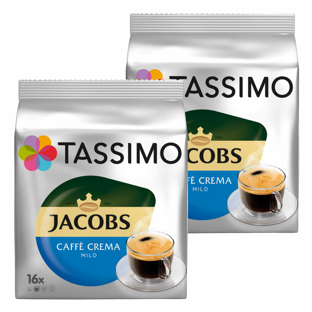 Tassimo Jacobs Caffè Crema Mild, coffee, coffee capsule, ground roasted coffee, pack of 2, 2 x 16 T-Discs