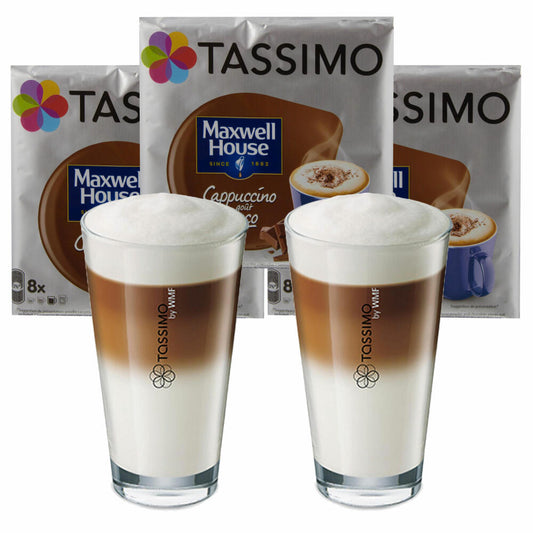 Tassimo Maxwell House Cappuccino Choco Geschenkset mit Glas, 5-tlg., Kaffee, Kaffeekapsel, T-Disc, Schokolade,