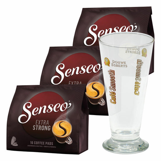 Senseo Extra Strong Coffee Gift Set 3 x 16 Pads / Coffee Pads + Café Smooth Glass