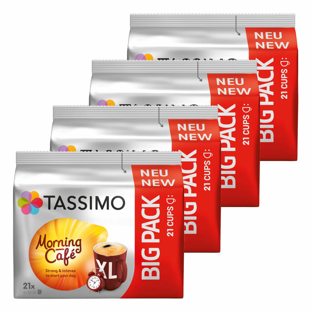 Tassimo Morning Cafe XL, 4er Pack, Frühstücks Kaffee, Morgen Kaffeekapsel, Gemahlener Röstkaffee, 84 T-Discs