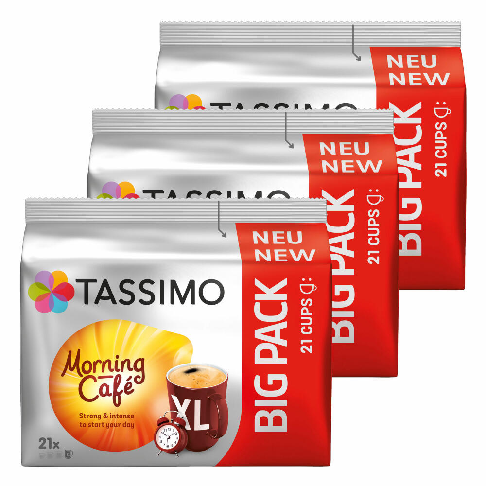 Tassimo Morning Cafe XL, 3er Pack, Frühstücks Kaffee, Morgen Kaffeekapsel, Gemahlener Röstkaffee, 63 T-Discs