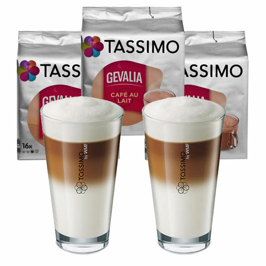 Tassimo Gevalia Cafe au Lait gift set with glass, 5 pcs., milk coffee, coffee capsules, ground roasted coffee, T-Discs / portions