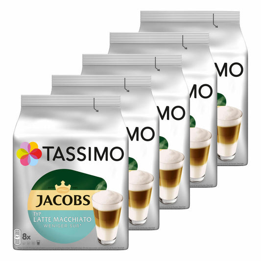 Tassimo Jacobs Type Latte Macchiato Less Sweet Set of 5, Coffee Capsule, Milk Coffee, 80 T-Discs / 40 Servings