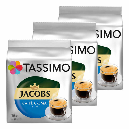 Tassimo Jacobs Caffè Crema Mild, coffee, coffee capsule, ground roasted coffee, pack of 3, 3 x 16 T-Discs