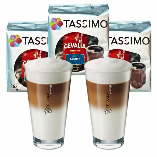 Tassimo Gevalia Mörkrost Ebony Geschenkset mit Glas, 5-tlg, Kaffee, Kaffeekapsel, gemahlener Röstkaffee