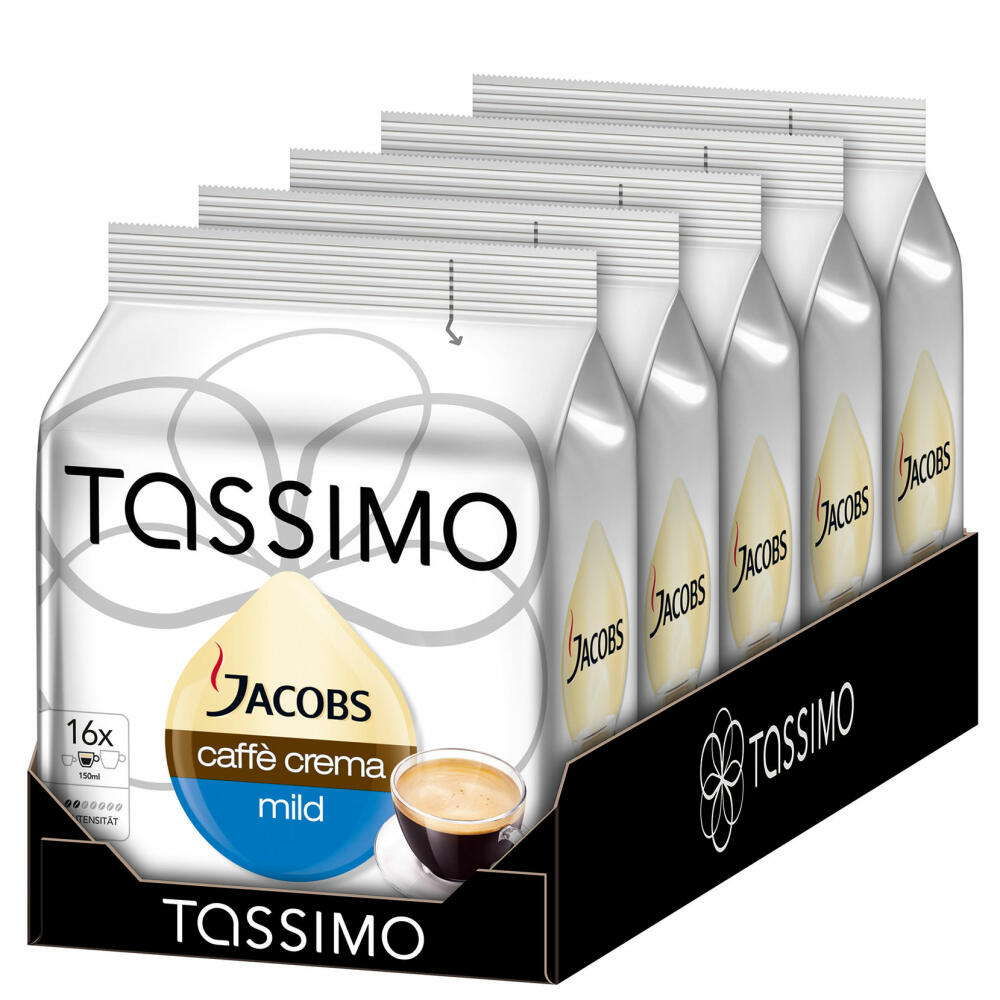 Tassimo Jacobs Caffè Crema Mild Kaffee Kaffeekapsel gemahlener Röstkaffee 5er Pack 5 x 16 T-Discs