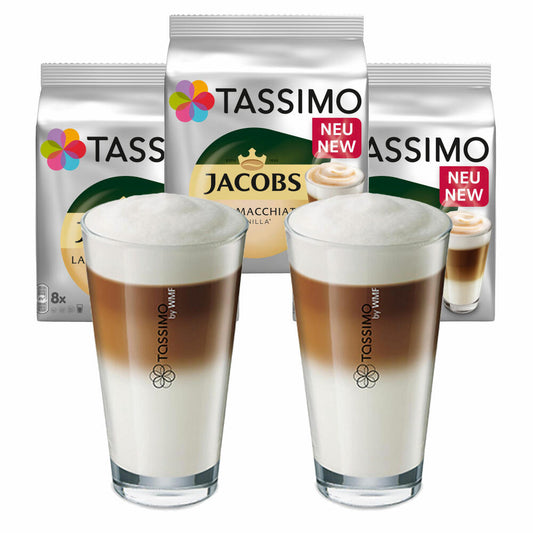 Tassimo Latte Macchiato Vanilla gift set with glass, 5 pcs., coffee, vanilla milk coffee capsule, ground roasted coffee, T-Discs