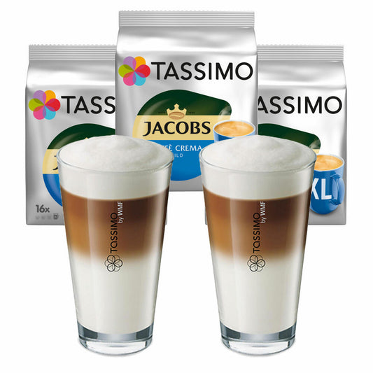 Tassimo Jacobs Caffè Crema mild XL Geschenkset mit Glas, 5-tlg., Kaffee Kapsel, Kaffeekapsel, gemahlener Röstkaffee, T-Discs