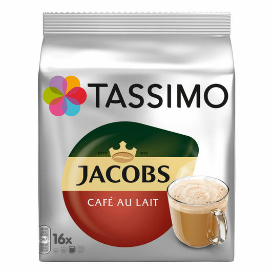 Tassimo Jacobs Café au Lait, coffee, coffee capsule, milk coffee made from ground roasted coffee, 16 T-Discs / portions