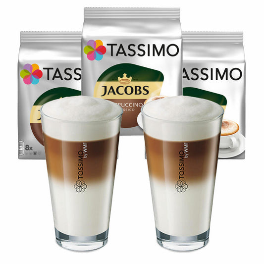 Tassimo Jacobs Cappuccino Coffee Gift Set with Glass, 5 pcs., Coffee Capsules Ground Roasted Coffee, T-Discs