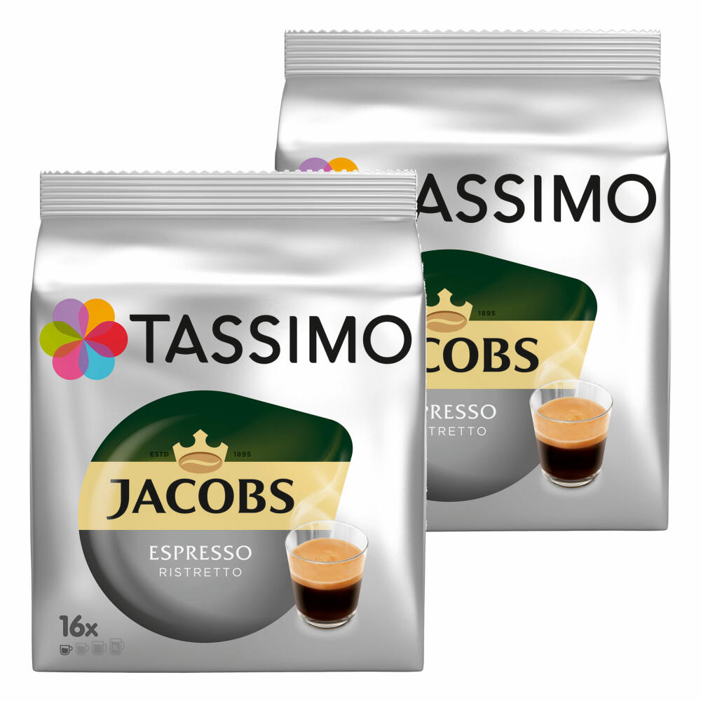 Tassimo Jacobs Espresso Ristretto, Kaffee, Kaffeekapsel, gemahlener Röstkaffee, 2er Pack, 2 x 16 T-Discs