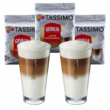 Tassimo Gevalia Latte Macchiato gift set with glass, 5-piece, coffee capsule, T-Disc, milk coffee, roasted coffee