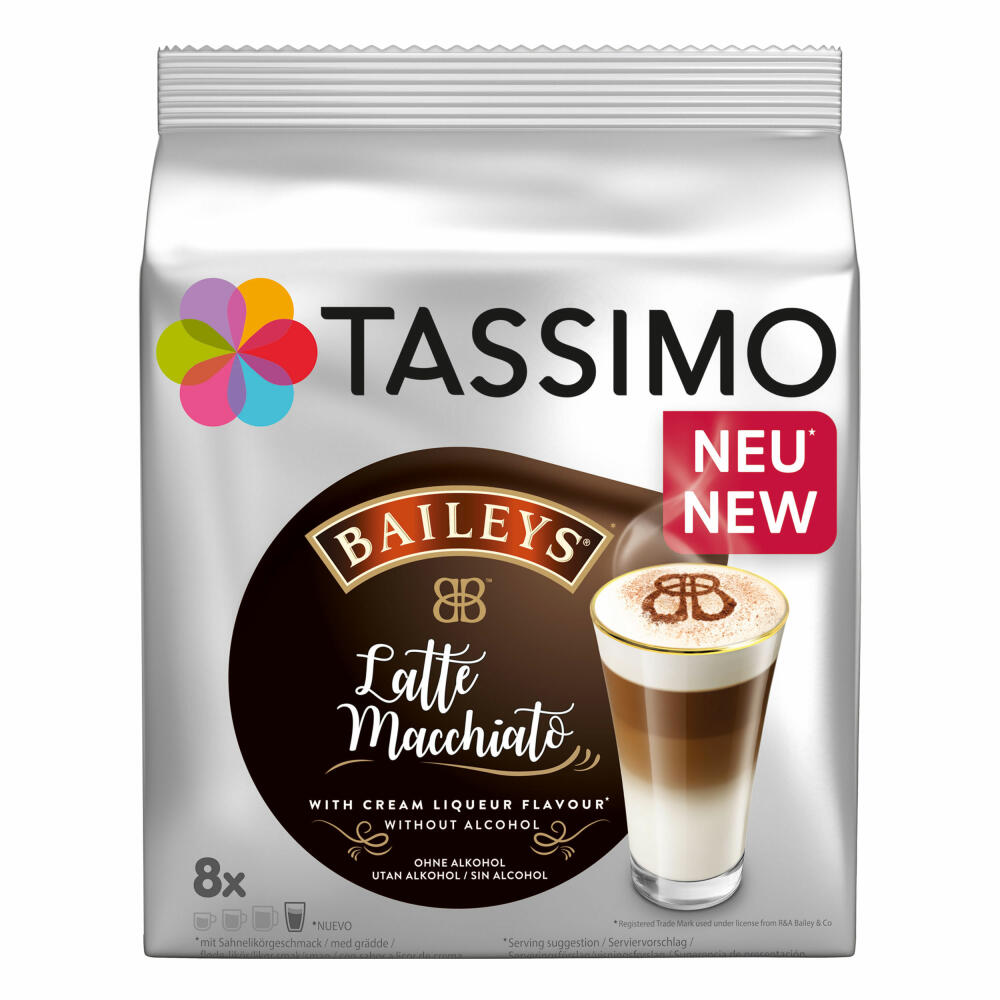 Tassimo Latte Macchiato Baileys gift set with glass, 5-piece, coffee with cream liqueur flavor, coffee capsule, T-Disc, milk coffee