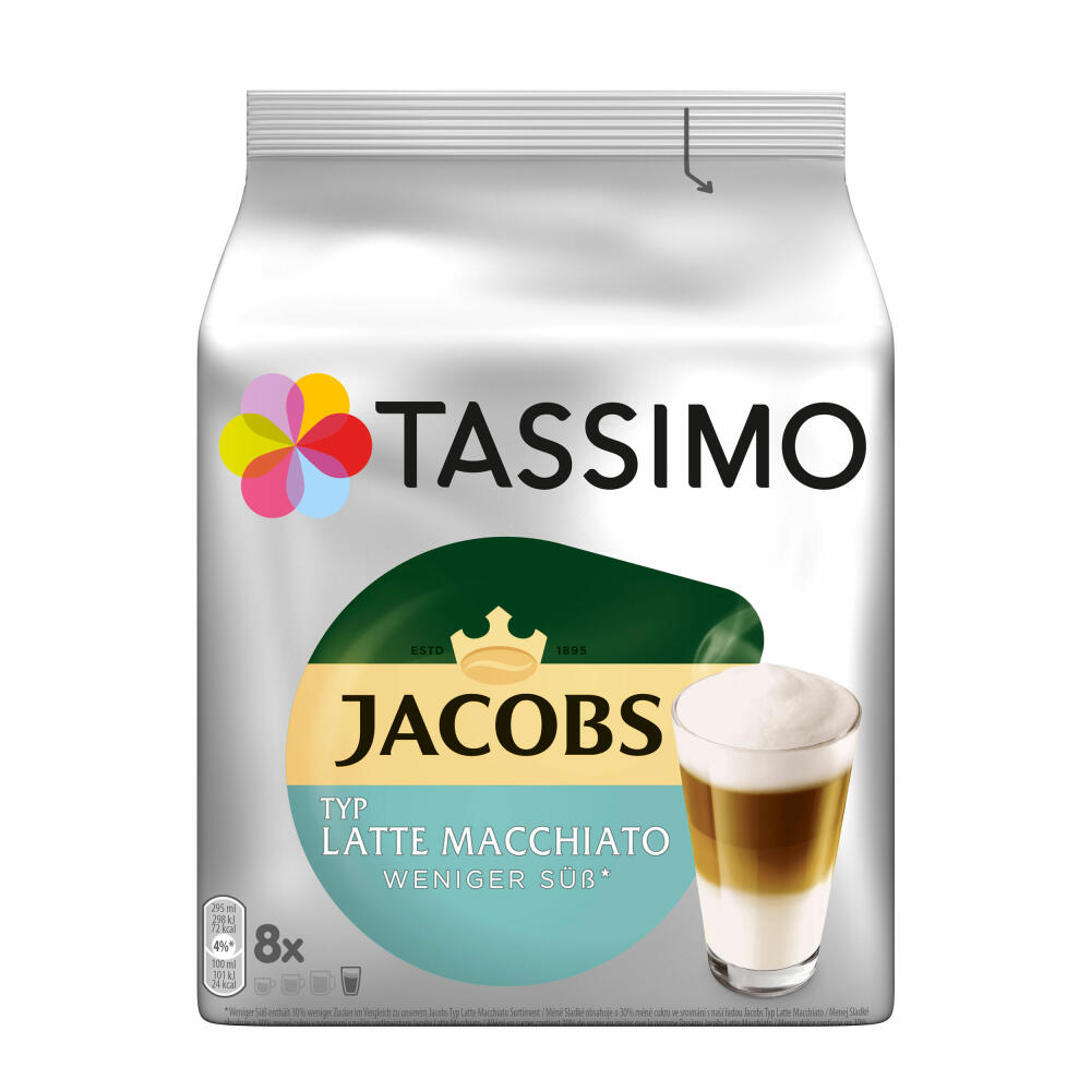 Tassimo Jacobs Type Latte Macchiato Less Sweet Set of 5, Coffee Capsule, Milk Coffee, 80 T-Discs / 40 Servings