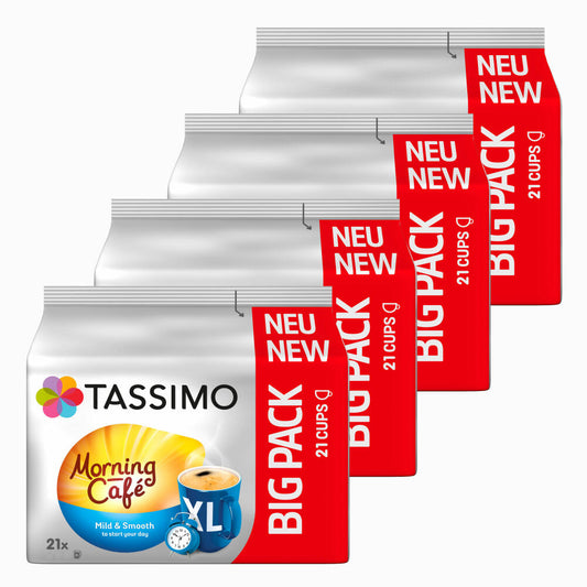 Tassimo Morning Café Mild XL, Pack of 4, Breakfast Coffee, Morning Coffee Capsule, Ground Roasted Coffee, 84 T-Discs