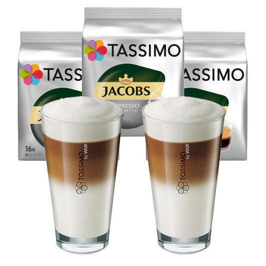 Tassimo Jacobs Espresso Ristretto Geschenkset mit Glas, 5-tlg., Kaffee, Kaffeekapsel, gemahlener Röstkaffee, T-Discs