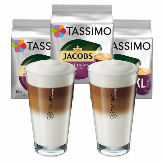 Tassimo Jacobs Caffè Crema Intenso XL Geschenkset mit Glas, 5-tlg., Kaffee Kapsel, Kaffeekapsel, gemahlener Röstkaffee, T-Discs