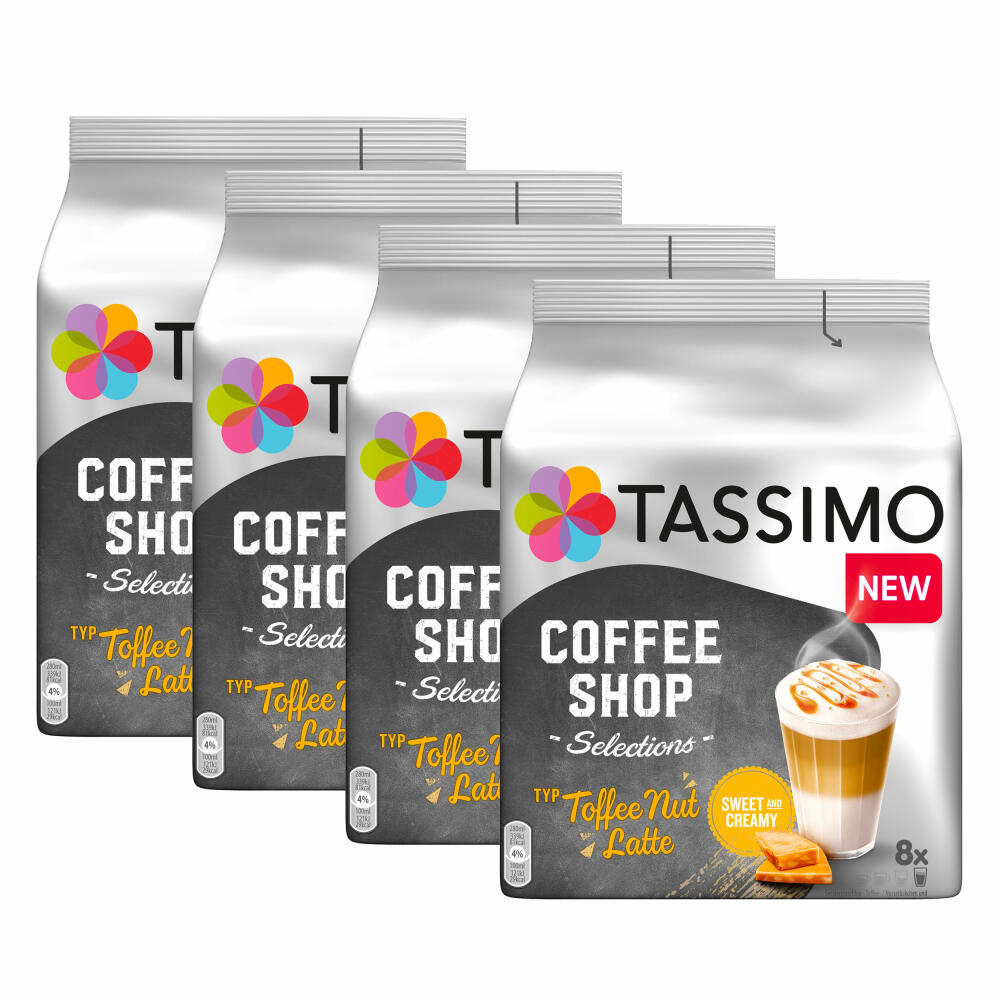 Tassimo Toffee Nut Latte 4er Set, Coffee Shop Selections, Karamell-Geschmack, 64 T-Discs / 32 Portionen