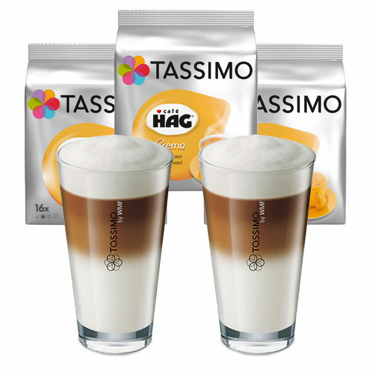 Tassimo Café HAG Crema Entkoffeiniert Geschenkset mit Glas, 5-tlg., Kaffeekapsel, Koffeinfreier Kaffee, Röstkaffee, T-Discs