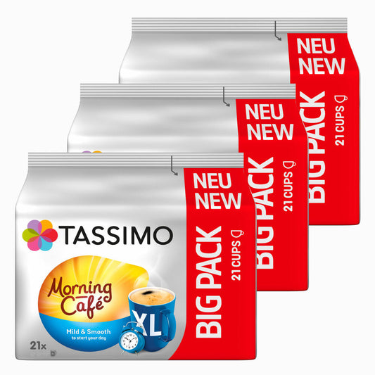 Tassimo Morning Café Mild XL, 3er Pack, Frühstücks Kaffee, Morgen Kaffeekapsel, Gemahlener Röstkaffee, 63 T-Discs