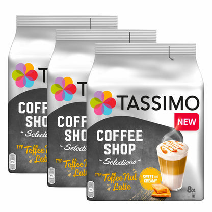 Tassimo Toffee Nut Latte Set of 3, Coffee Shop Selections, Caramel Flavor, 48 T-Discs / 24 Servings