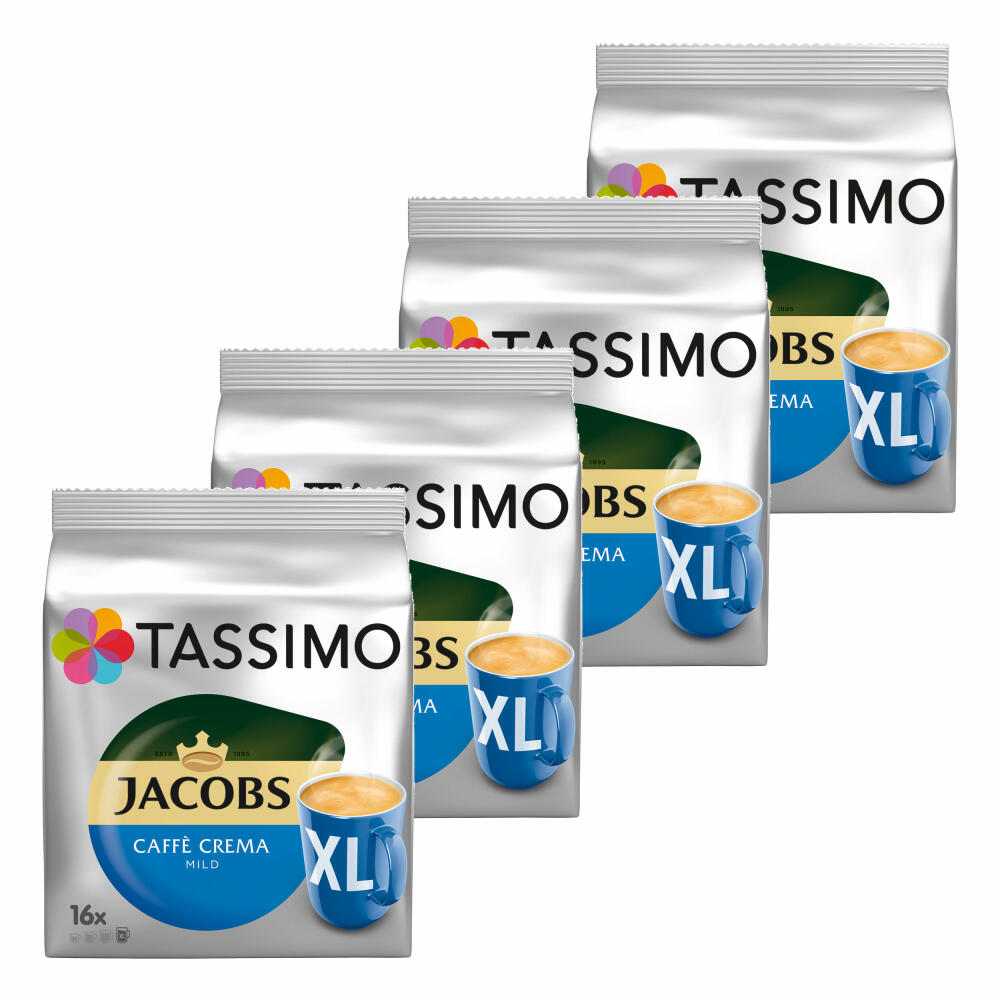 Tassimo Jacobs Caffè Crema mild XL, Kaffee Kapsel, Kaffeekapsel, gemahlener Röstkaffee, 4x16 (64) T-Discs