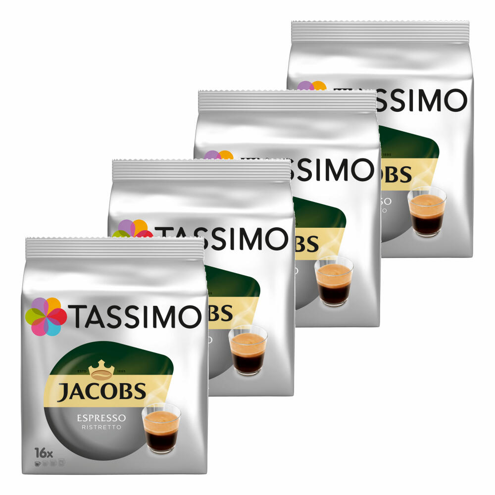 Tassimo Jacobs Espresso Ristretto, coffee, coffee capsule, ground roasted coffee, pack of 4, 4 x 16 T-Discs