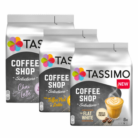 Tassimo Coffee Shop Selection Set, Chai Latte, Flat White, Toffee Nut Latte, 3 varieties, 40 T-Discs / 24 portions