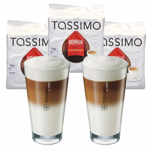 Tassimo Gevalia Espresso Geschenkset mit Glas, 5-tlg, Kaffee, Kaffeekapsel, gemahlener Röstkaffee