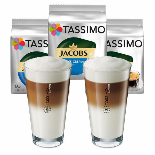 Tassimo Jacobs Caffè Crema Mild gift set with glass, 5 pcs., coffee, coffee capsule, ground roasted coffee, T-Discs