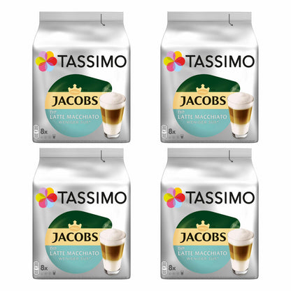 Tassimo Jacobs Type Latte Macchiato Less Sweet Set of 4, Coffee Capsule, Milk Coffee, 64 T-Discs / 32 Servings