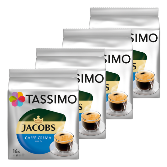 Tassimo Jacobs Caffè Crema Mild, coffee, coffee capsule, ground roasted coffee, pack of 4, 4 x 16 T-Discs