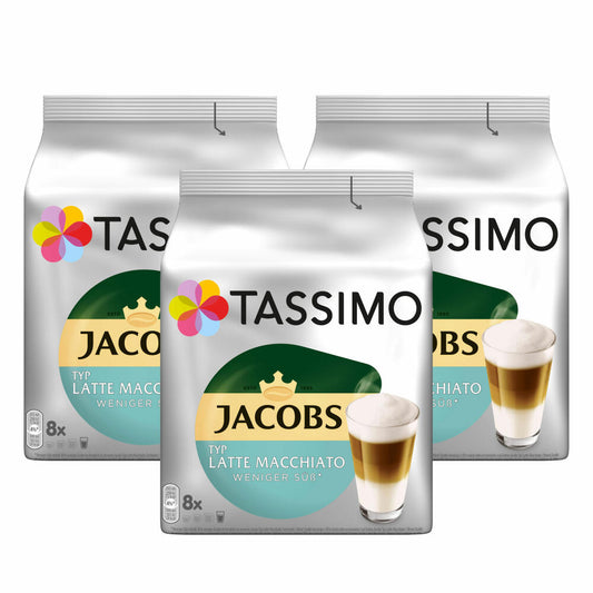 Tassimo Jacobs Type Latte Macchiato Less Sweet Set of 3, Coffee Capsule, Milk Coffee, 48 T-Discs / 24 Servings