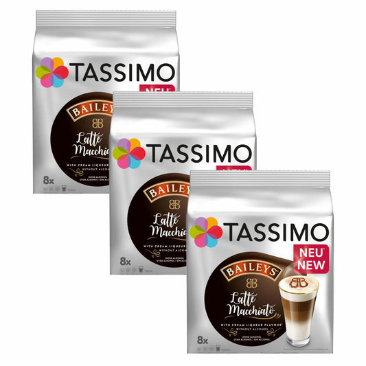 Tassimo Latte Macchiato Baileys, pack of 3, coffee with cream liqueur flavor, coffee capsule, milk coffee, 24 T-Discs / portions