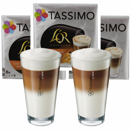 Tassimo LOr Espresso Latte Macchiato Caramel Gift Set with Glass, 5 pcs., Coffee, Coffee Capsule, T-Disc, Milk Coffee,