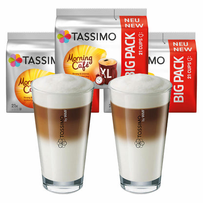 Tassimo Morning Cafe XL Geschenkset mit Glas, 5-tlg, Kaffee, Kaffeekapsel, Gemahlener Röstkaffee, T-Discs