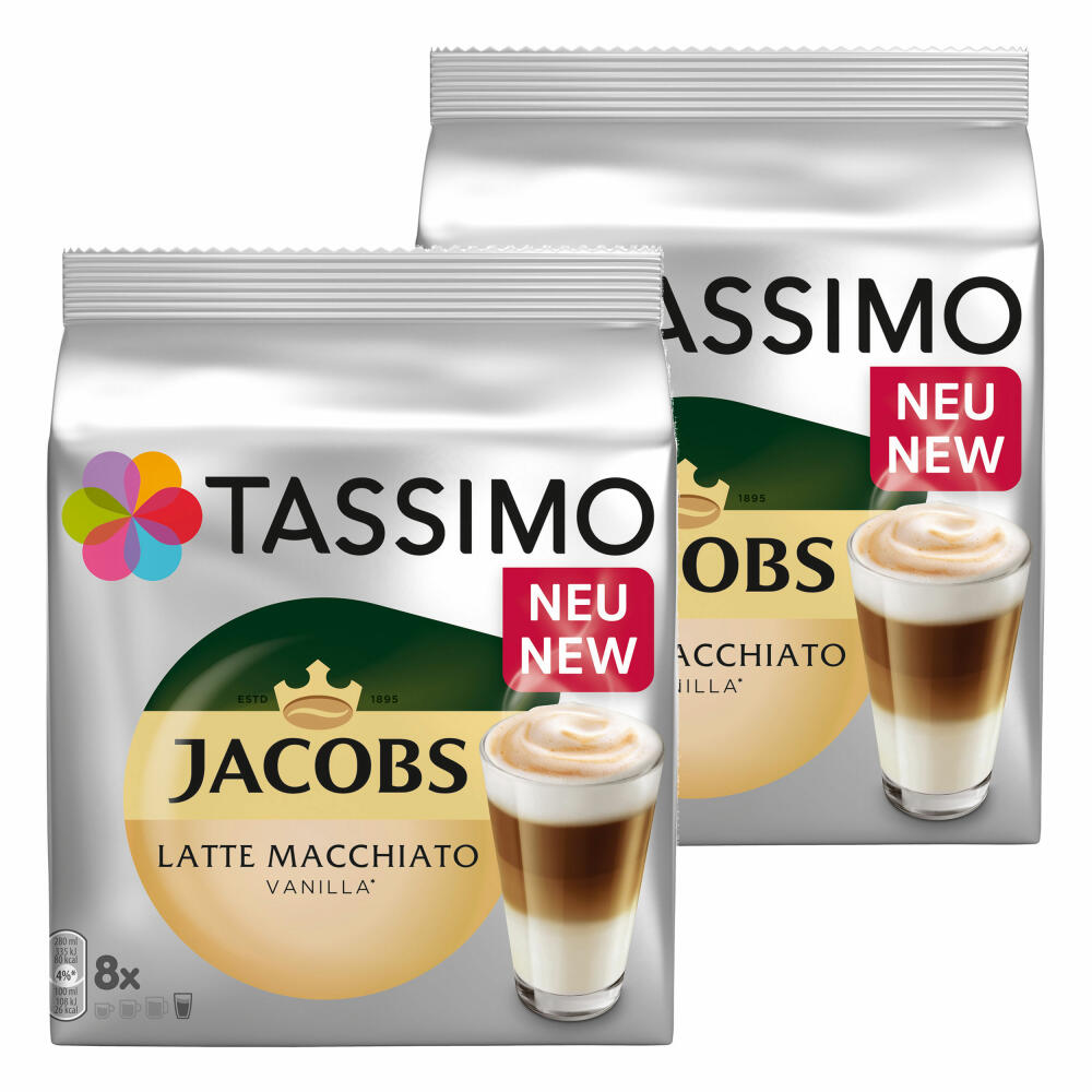 Tassimo Latte Macchiato Vanilla, Kaffee, Vanille Milchkaffee Kaffeekapsel, gemahlener Röstkaffee, 32 T-Discs / 16 Portionen