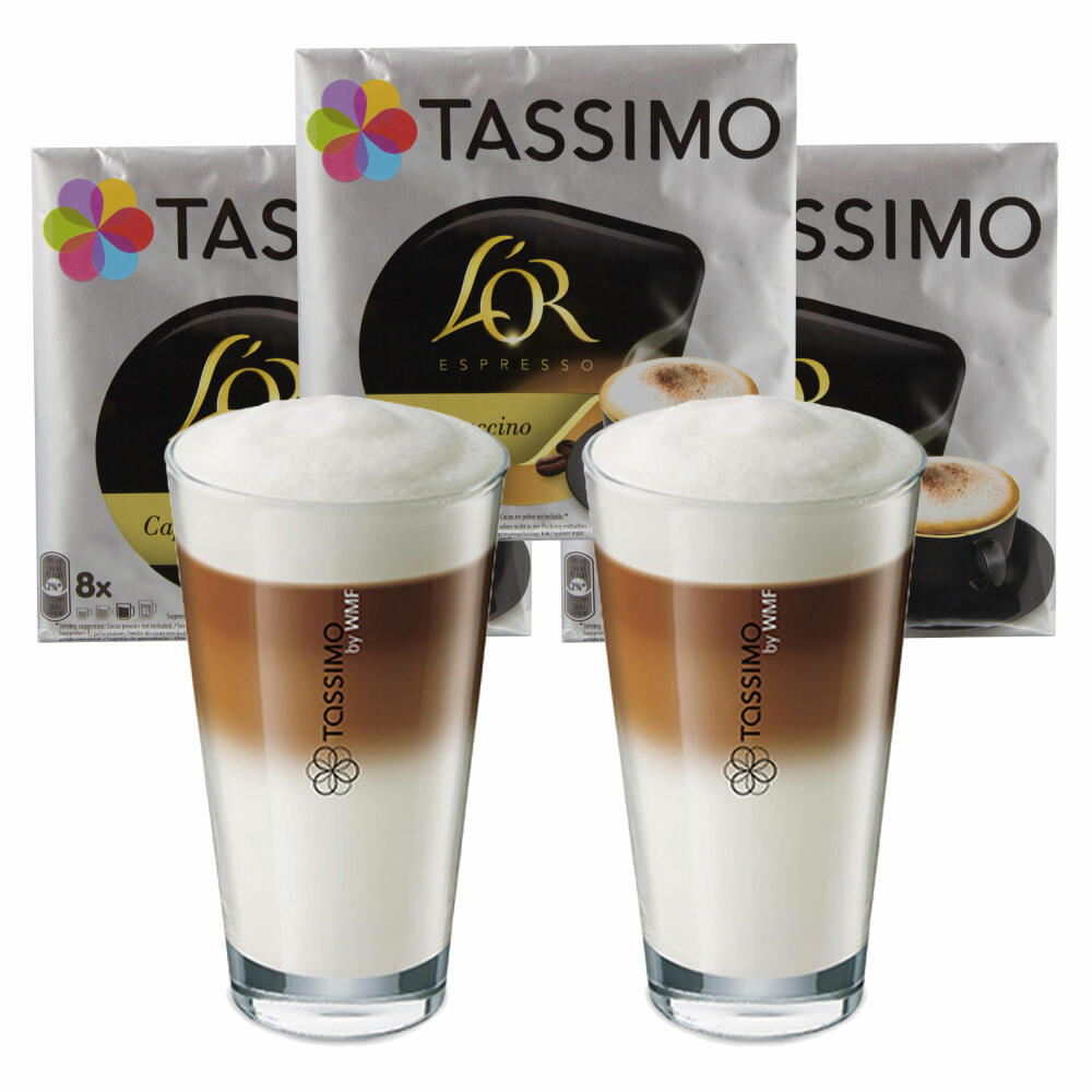 Tassimo LOr Cappuccino Geschenkset mit Glas, 5-tlg., Kaffee, Kaffeekapsel, T-Disc Espresso, Milchkaffee,