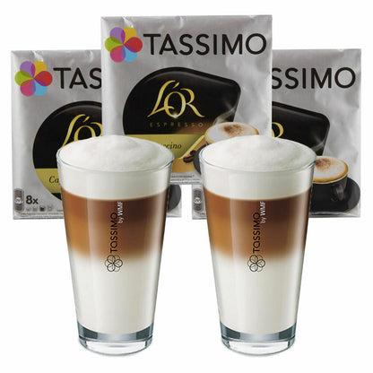 Tassimo LOr Cappuccino gift set with glass, 5 pcs., coffee, coffee capsule, T-Disc Espresso, milk coffee,