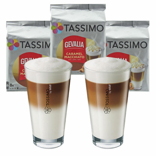 Tassimo Gevalia Caramel Latte Macchiato Geschenkset mit Glas, 5-tlg, Kaffee, Gemahlener Röstkaffee, Kaffeekapsel