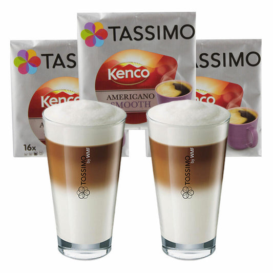 Tassimo Kenco Americano Smooth Gift Set with Glass, 5-piece, Coffee, Coffee Capsule, Ground Roasted Coffee