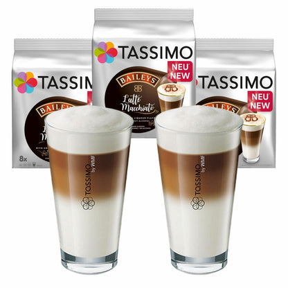 Tassimo Latte Macchiato Baileys gift set with glass, 5-piece, coffee with cream liqueur flavor, coffee capsule, T-Disc, milk coffee