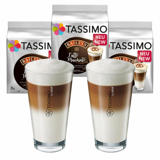 Tassimo Latte Macchiato Baileys gift set with glass, 5-piece, coffee with cream liqueur flavor, coffee capsule, T-Disc, milk coffee