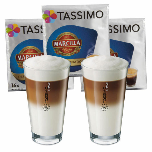 Tassimo Marcilla Descafeinado Gift Set with Glass, 5-piece, Decaffeinated, Coffee, Coffee Capsule, T-Discs