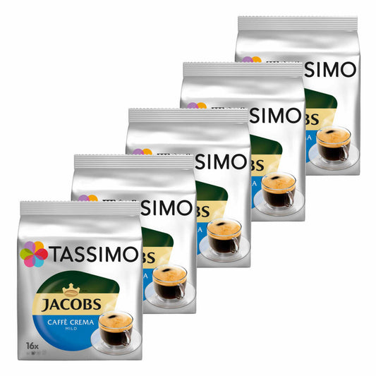 Tassimo Jacobs Caffè Crema Mild, coffee, coffee capsule, ground roasted coffee, pack of 5, 5 x 16 T-Discs